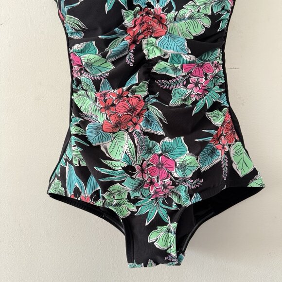 GABAR Swimwear‎ One Piece Swimsuit Bathing Suit Black Floral Tropical Ruching 10 - Picture 2 of 13